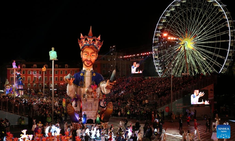 This photo taken on Feb. 11, 2023 shows a scene of the 2023 Nice Carnival in Nice, France. The 2023 Nice Carnival runs from Feb. 10 to 26.(Photo: Xinhua)