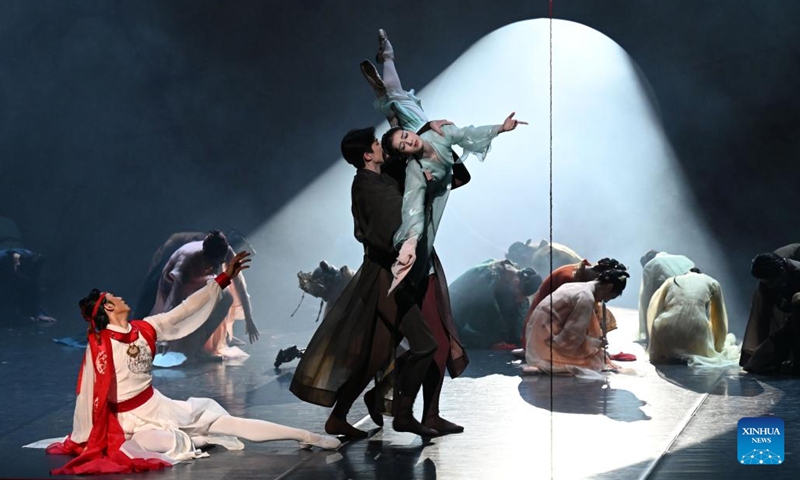 Actors of the National Ballet of China perform during the Ballet A Dream of Red Mansions at the Beijing Tianqiao Theater in Beijing, capital of China, Feb. 10, 2023. This play was adapted from the Chinese classic A Dream of Red Mansions written by Cao Xueqin in the Qing Dynasty (1644-1911).(Photo: Xinhua)
