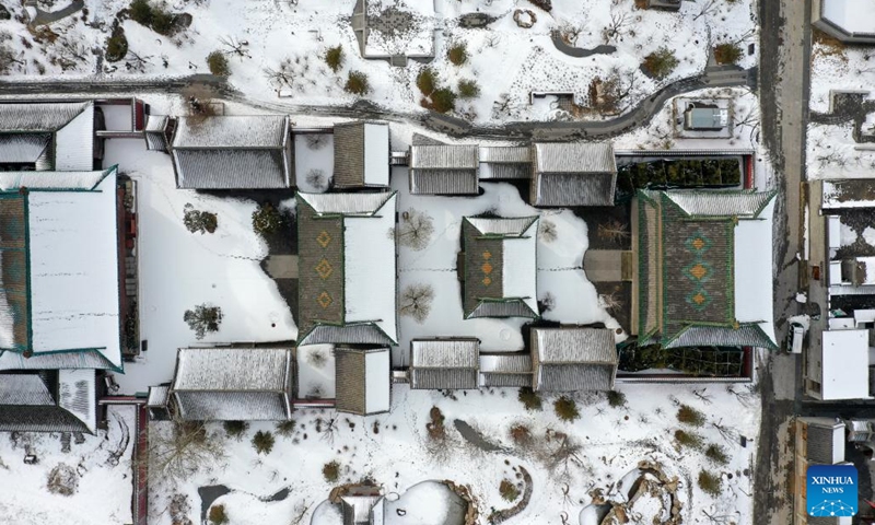 This aerial photo taken on Feb. 13, 2023 shows the snow scenery of the tourist attraction Taiyuan ancient county in Taiyuan, capital of north China's Shanxi Province.(Photo: Xinhua)