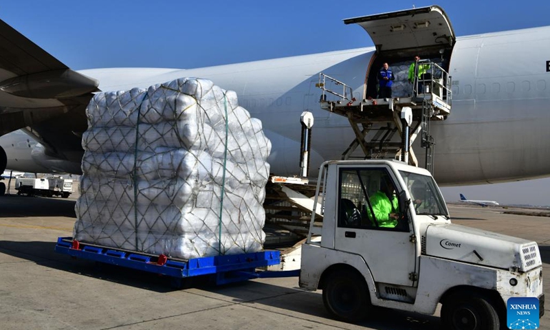 A batch of humanitarian aid from China arrives at Damascus international airport in Damascus, capital of Syria, on Feb. 15, 2023.(Photo: Xinhua)