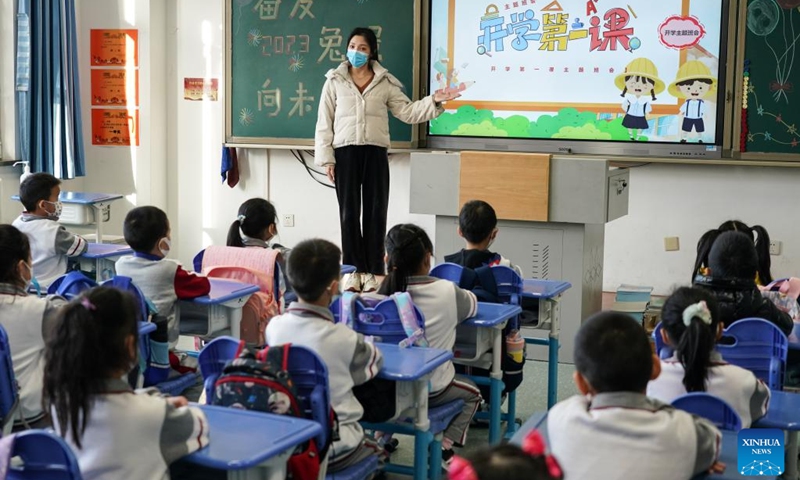 Students have class on their first day of the new semester at a primary school in Beijing, capital of China, Feb. 13, 2023. Primary and middle school students in Beijing returned to school for the spring semester on Monday.(Photo: Xinhua)