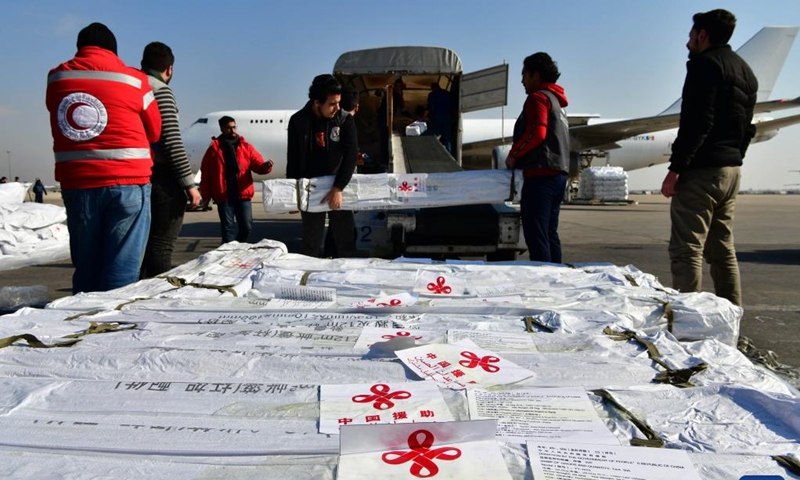 A batch of humanitarian aid from China arrives at Damascus international airport in Damascus, capital of Syria, on Feb. 15, 2023.(Photo: Xinhua)