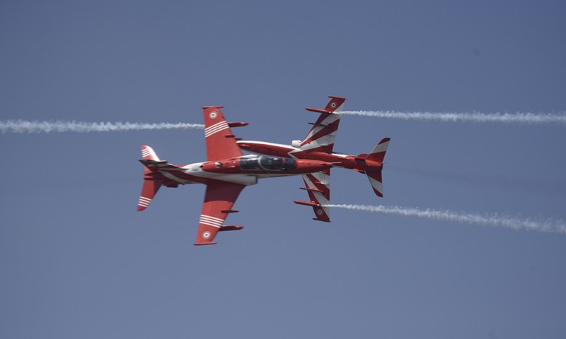 Indian Air Force's aerobatic team Suryakiran perform maneuvers at the Aero India 2023 at Yelahanka air base, in Bangalore, India, Feb. 14, 2023.(Photo: Xinhua)
