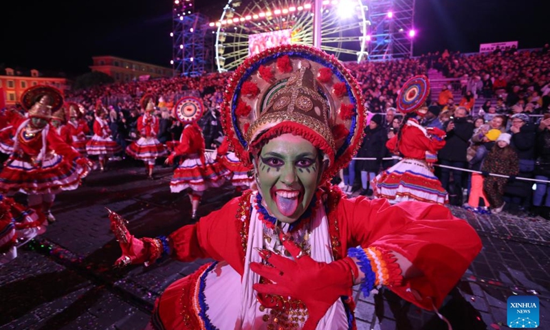 A performer participates in the 2023 Nice Carnival in Nice, France, Feb. 11, 2023. The 2023 Nice Carnival runs from Feb. 10 to 26.(Photo: Xinhua)