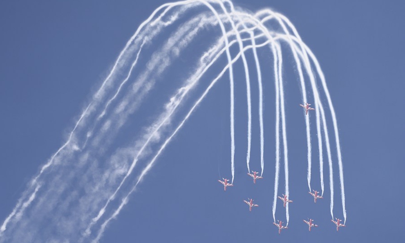Indian Air Force's aerobatic team Suryakiran perform maneuvers at the Aero India 2023 at Yelahanka air base in Bangalore, India, Feb. 14, 2023.(Photo: Xinhua)