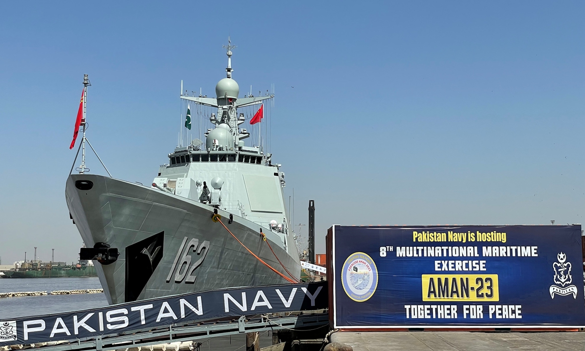 The guided missile destroyer Nanning of the Chinese People’s Liberation Army Navy is moored at a port in Karachi, Pakistan on February 12, 2023 during the AMAN-23 multinational maritime exercise. Photo: Liu Xuanzun/GT