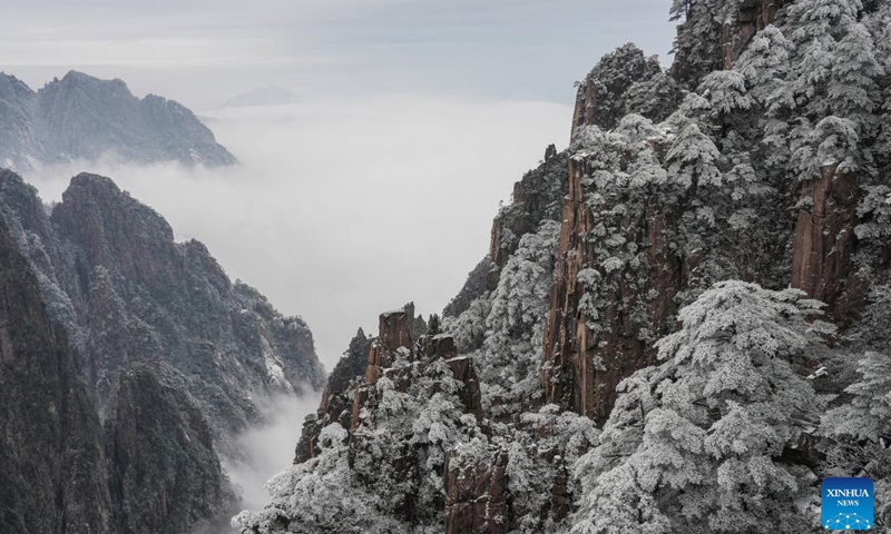 This photo taken on Feb. 14, 2023 shows the rime scenery on the Huangshan Mountain, east China's Anhui Province. Rime scenery appeared on the Huangshan Mountain Tuesday after a sudden drop of air temperature.(Photo: Xinhua)