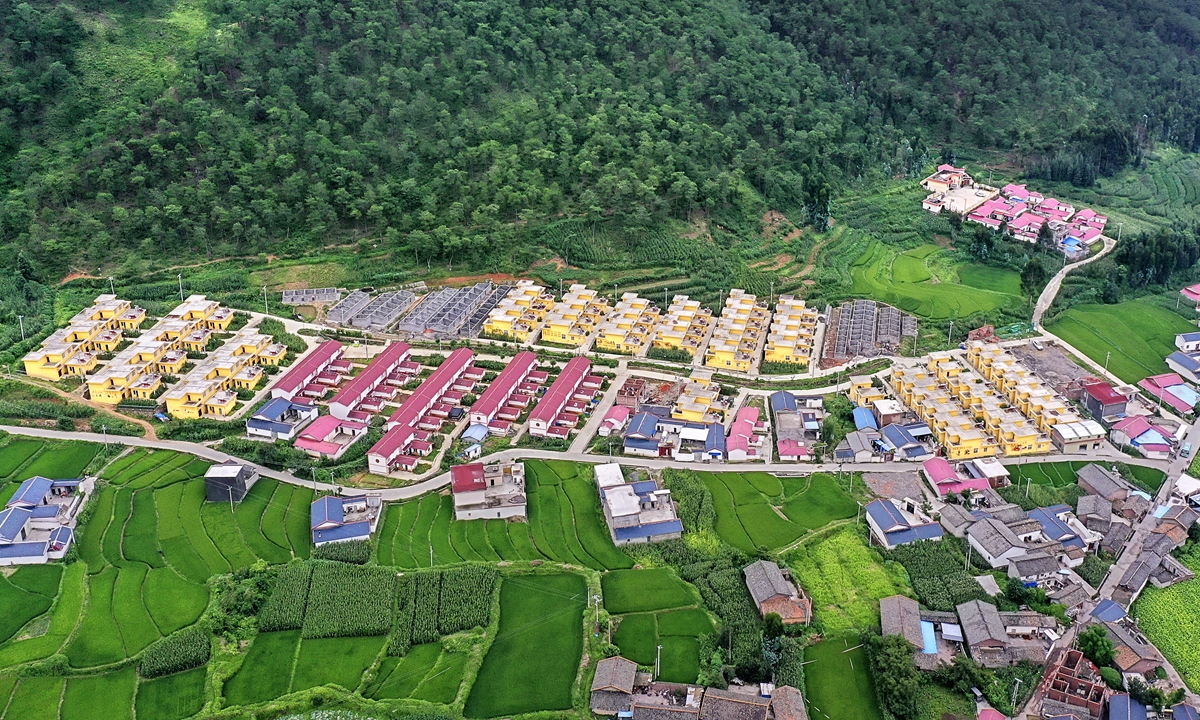 An aerial view of a village for people who had been relocated during poverty alleviation campaign in Liangshan Yi Autonomous Prefecture, Sichuan Province Photo: VCG