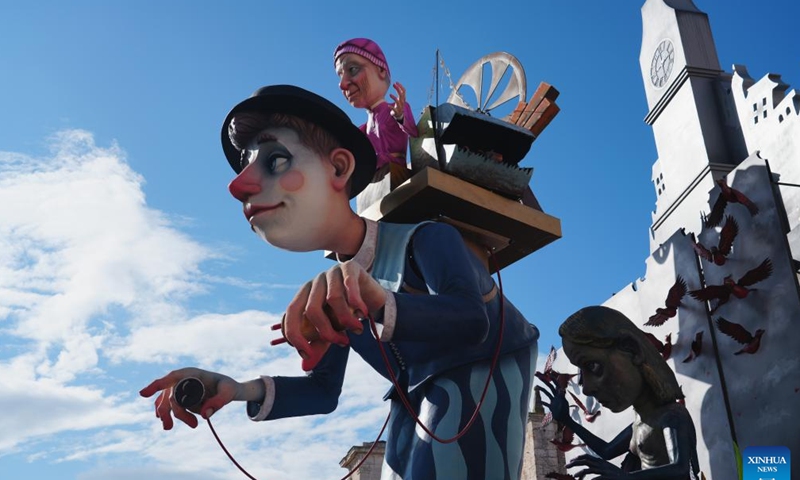 A float parade is held during the Carnival of Putignano in southern Italy on Feb. 12, 2023. The Carnival of Putignano is known as one of the oldest carnivals in Italy. (Xinhua/Zhou Xiaotian)