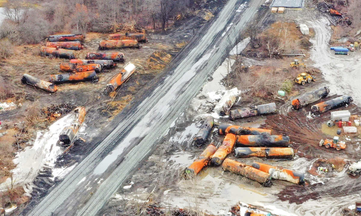 This photo taken on February 9, 2023 with a drone shows the site of a Norfolk Southern freight train carrying toxic chemicals that derailed on February 3, 2023 in East Palestine, Ohio. Photo: VCG