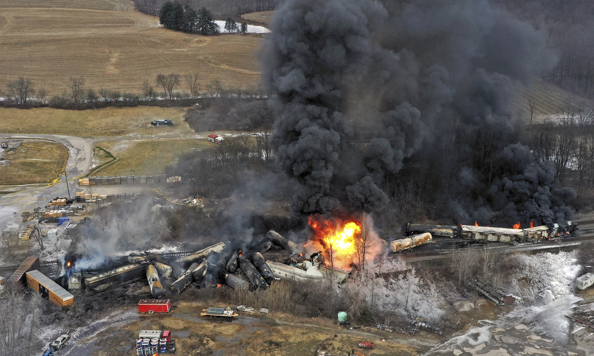 This photo taken with a drone shows portions of a Norfolk and Southern freight train that derailed on Feb. 3 night in East Palestine, Ohio are still on fire at mid-day Feb. 4, 2023. Photo: VCG