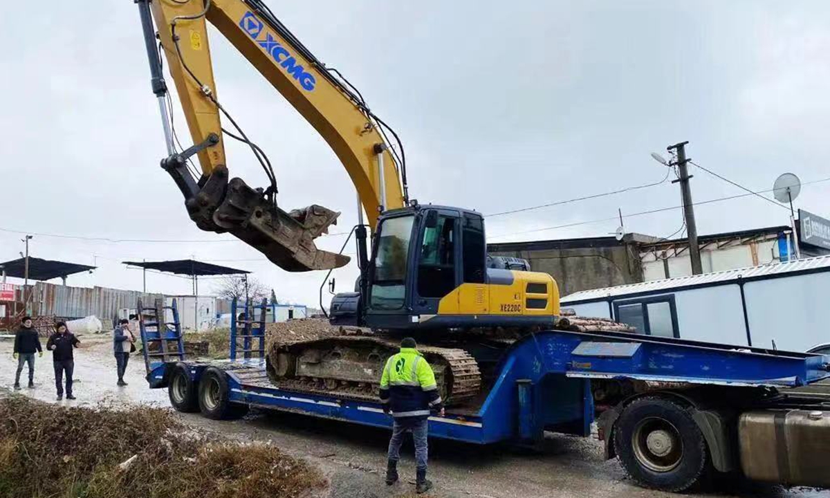 An excavator of China's Xuzhou Construction Machinery Group Co (XCMG) is loaded onto a truck in Yalova in northwestern Turkey on February 7, 2023 before being delivered to Hatay, epicenter in the southernmost of the quake-hit Turkey. Photo: Courtesy of XCMG
