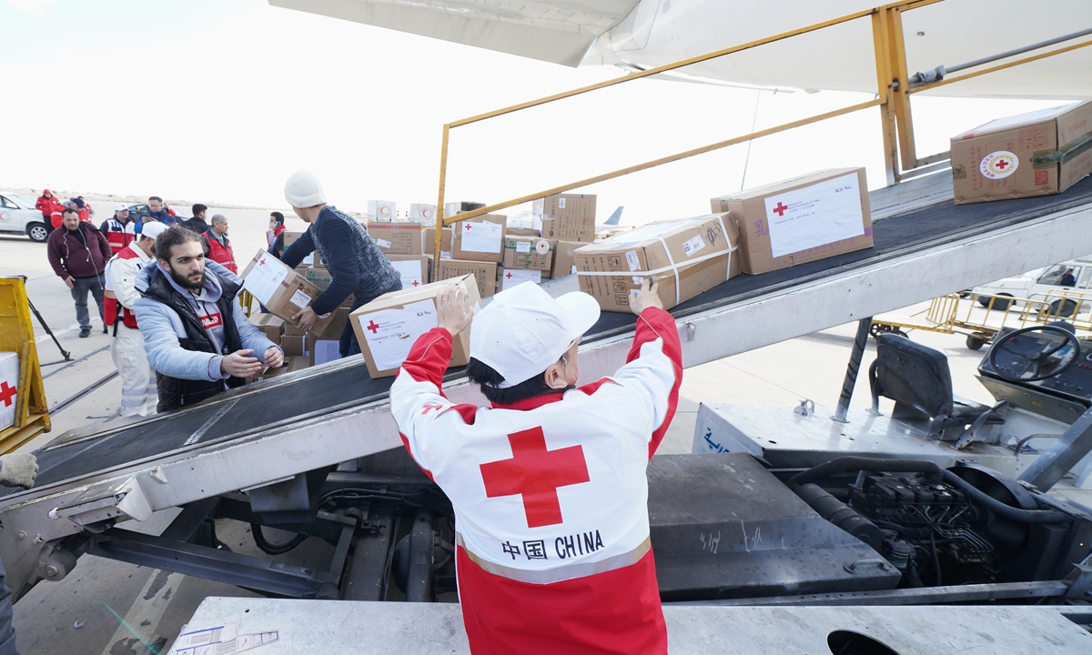 Second shipment of humanitarian aid supplies provided by the Red Cross Society of China to Syria arrives in Damascus, Syria on February 13, 2023 local time. Photo: IC