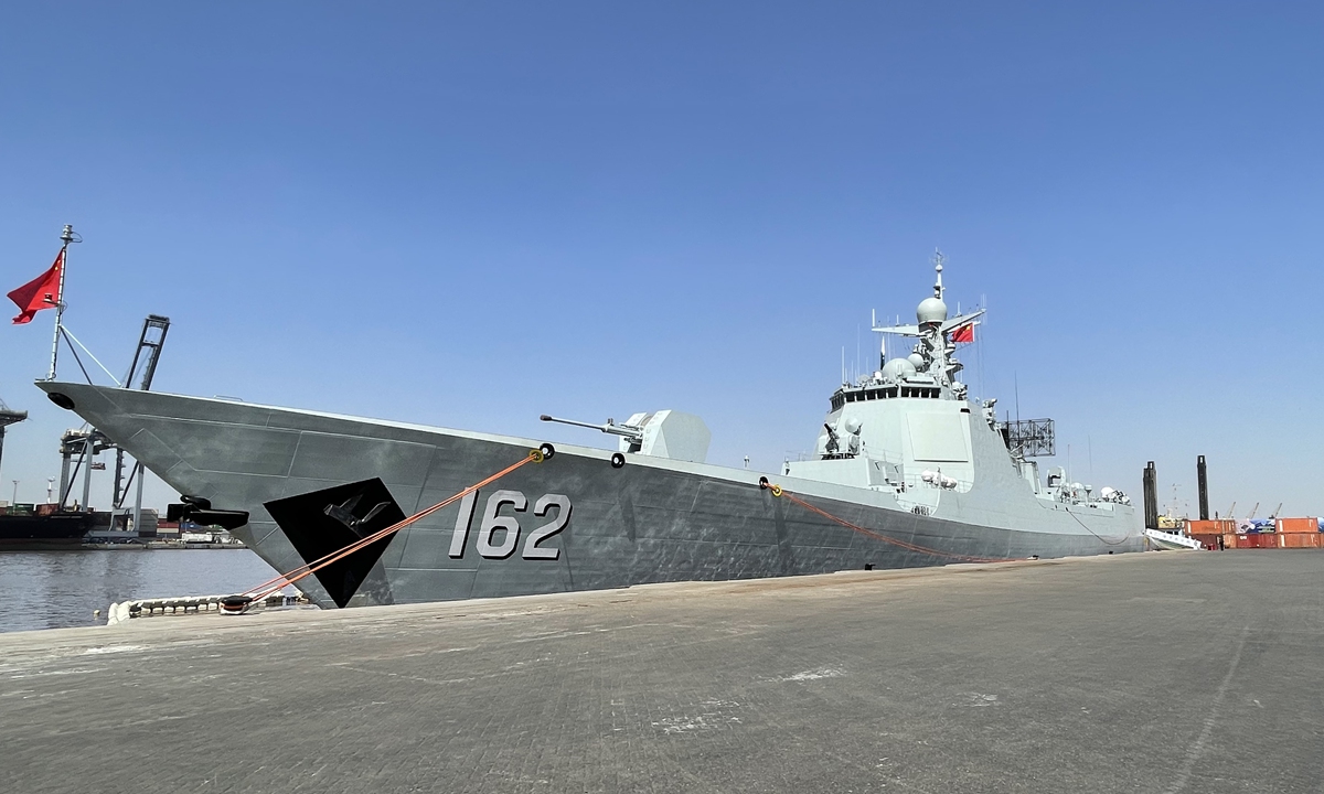 The guided missile destroyer Nanning of the Chinese People's Liberation Army Navy is moored at a port in Karachi, Pakistan on February 12, 2023 during the AMAN-23 multinational maritime exercise. Photo: Liu Xuanzun/GT