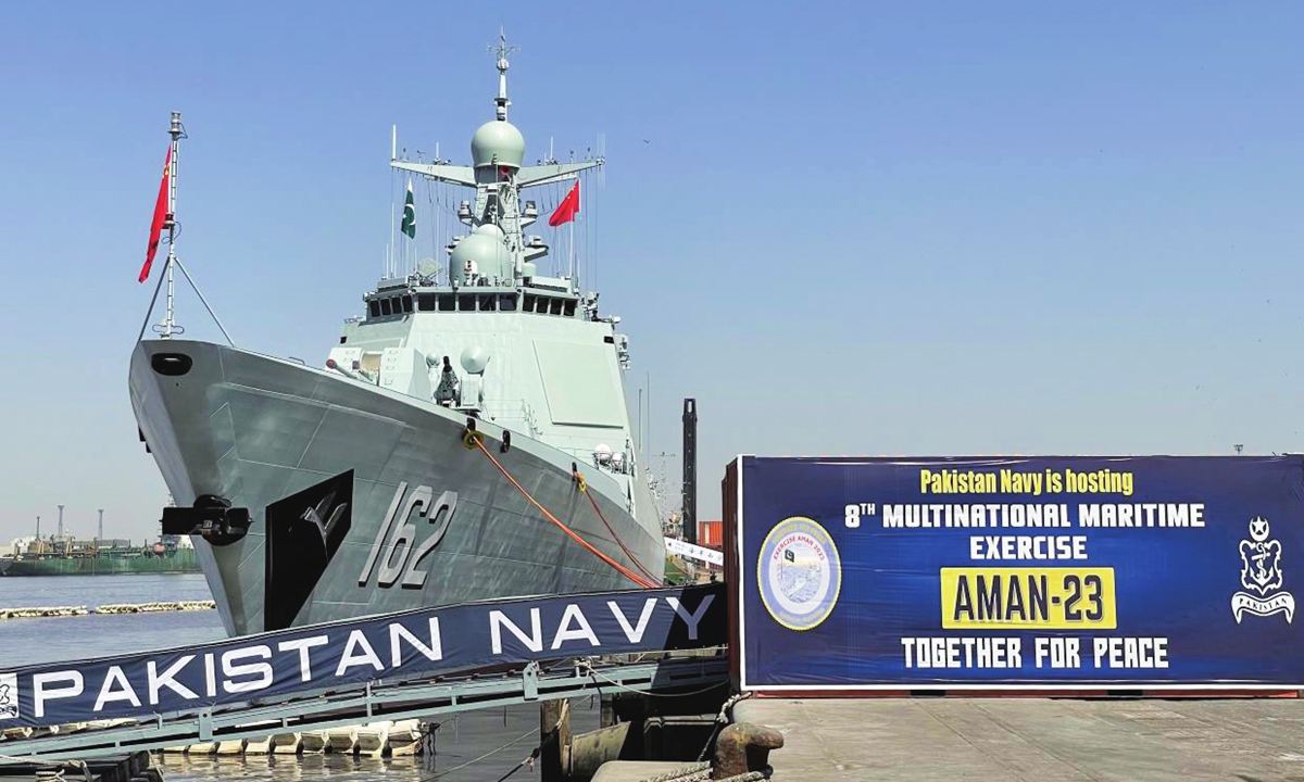 The PLA Navy guided missile destroyer <em>Nanning</em> participates in the port visit during the harbor phase of the AMAN-23 multinational maritime exercise organized by the Pakistan Navy on February 12, 2023. Photo: Liu Xuanzun/GT