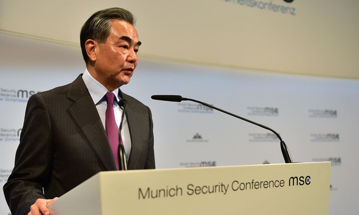 Chinese State Councilor and Foreign Minister Wang Yi makes a speech at the Munich Security Conference (MSC) in Munich, Germany, on Feb. 15, 2020.(Xinhua/Lu Yang)