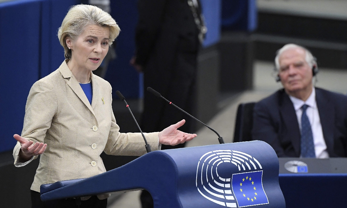 European Commission President Ursula von der Leyen speaks during a debate on the results of the Russia-Ukraine conflict, as part of a plenary session at the European Parliament in Strasbourg, France, on February 15, 2023. The EU is poised to force banks to report information on Russian Central Bank assets as part of the bloc's latest sanctions package targeting Moscow. Photo: VCG