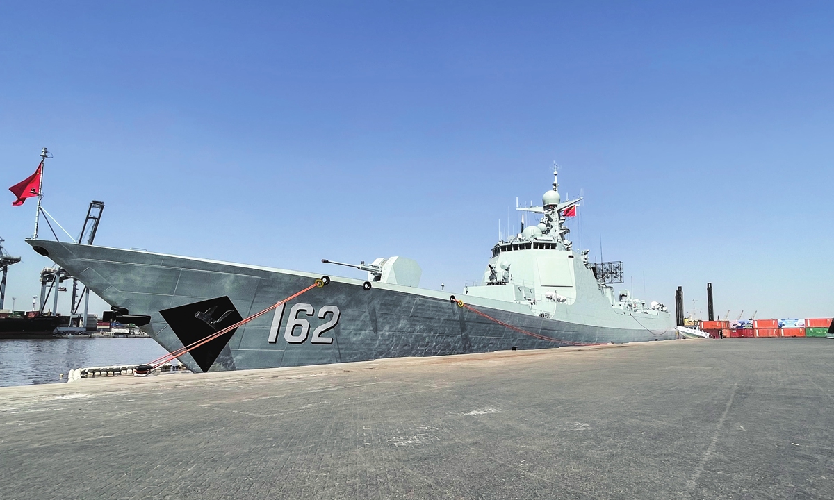 The PLA Navy guided missile destroyer <em>Nanning</em> moored at a port in Karachi, Pakistan on February 12, 2023 during the AMAN-23 multinational maritime exercise. Photo: Liu Xuanzun/GT
