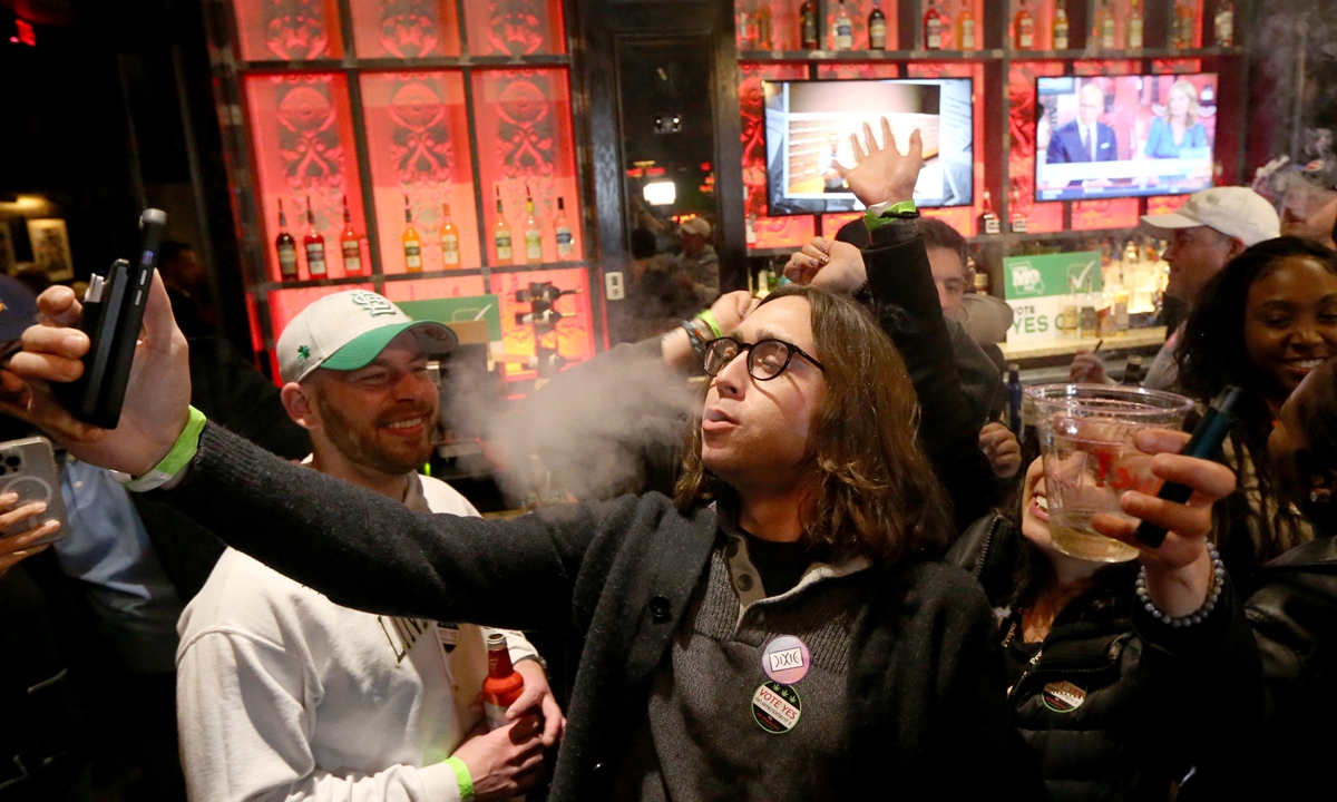 A man smokes marijuana while celebrating the passage of Amendment 3 which legalizes recreational marijuana in Missouri during an Election night watch party in downtown St. Louis, US on November 8, 2022. Photo: VCG