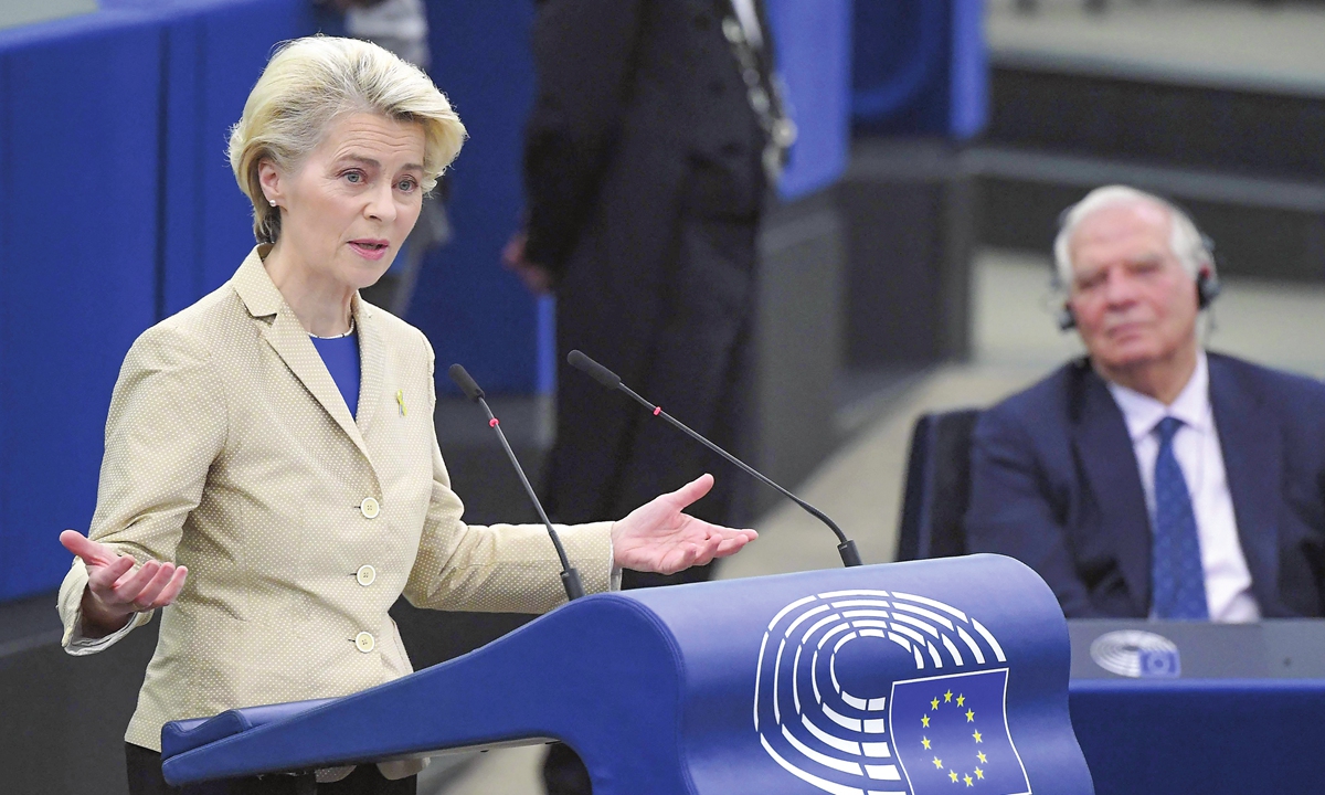 European Commission President Ursula von der Leyen speaks during a debate on the results of the Russia-Ukraine conflict, as part of a plenary session at the European Parliament in Strasbourg, eastern France, on February 15, 2023. The EU is poised to force banks to report information on Russian Central Bank assets as part of the bloc's latest sanctions package targeting Moscow. Photo:VCG