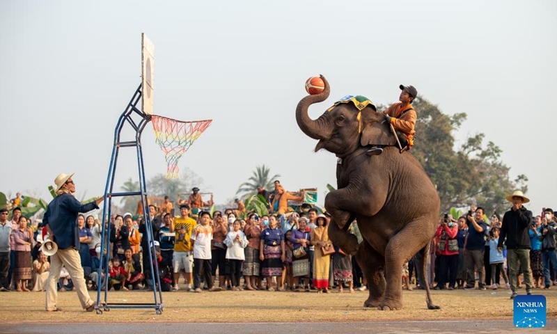 Visitors watch an elephant's performance at the Elephant Festival in Xayaboury, Laos, on Feb. 20, 2023.(Photo: Xinhua)