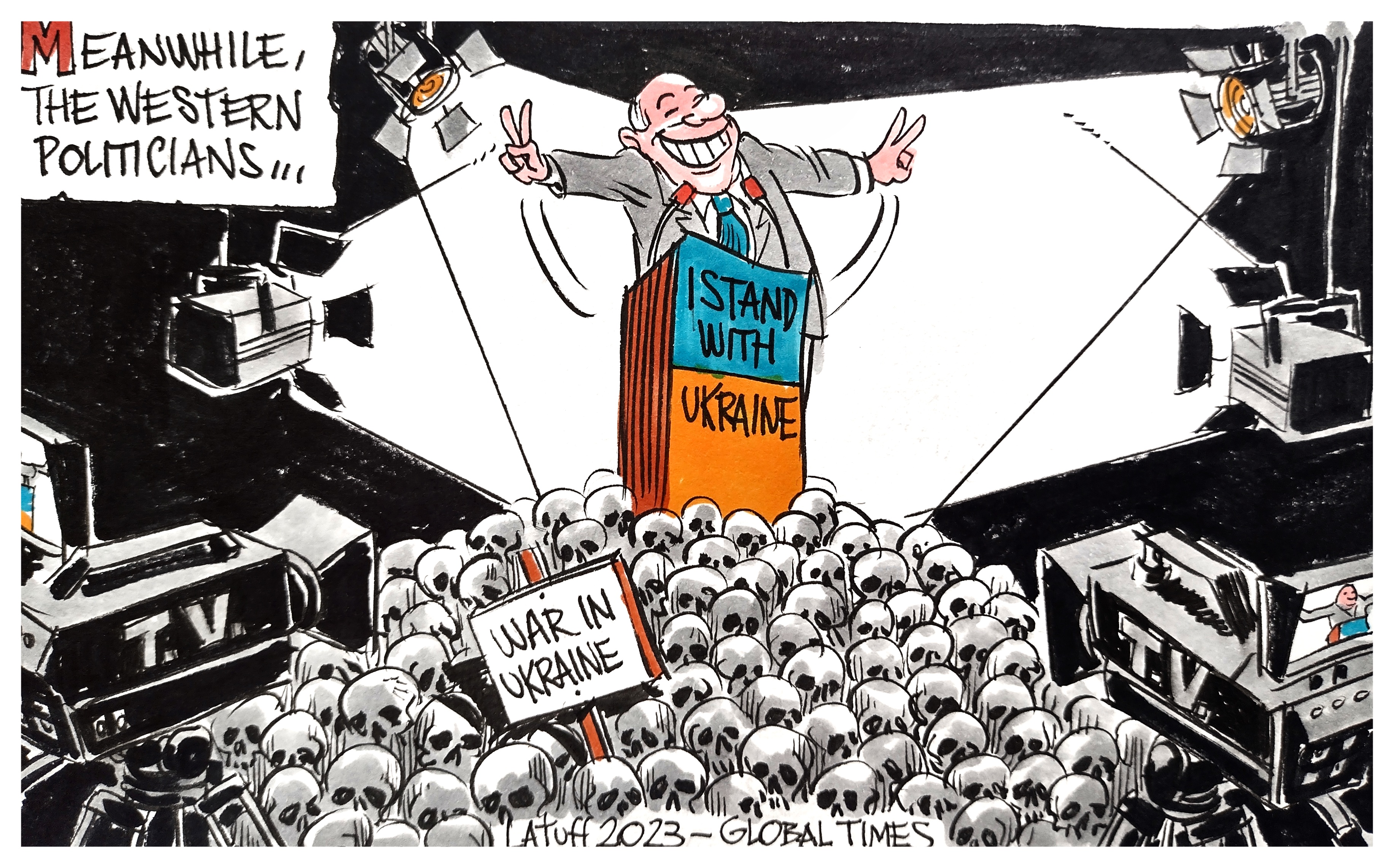 Western politicians turn grinding Ukraine War into a political show. Cartoon: Carlos Latuff
