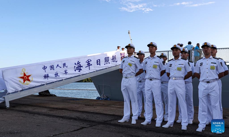 Officers and soldiers of the 42nd Chinese naval escort fleet line up at the dock of Richards Bay, South Africa, Feb. 19, 2023.(Photo: Xinhua)