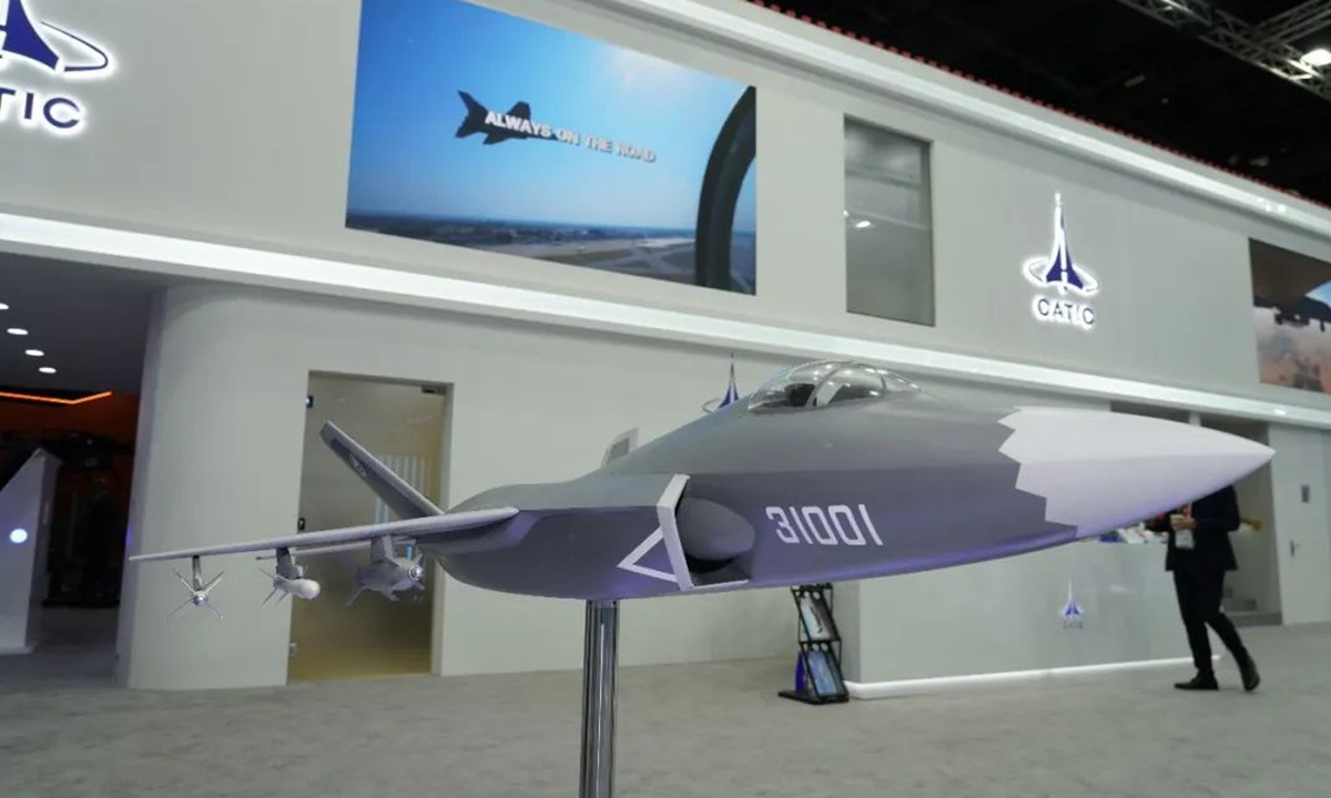 Scale model of a Chinese FC-31 stealth fighter jet is on display at IDEX 23 held in Abu Dhabi, the UAE from February 20 to 24, 2023. Photo: Courtesy of Aviation Industry Corporation of China
