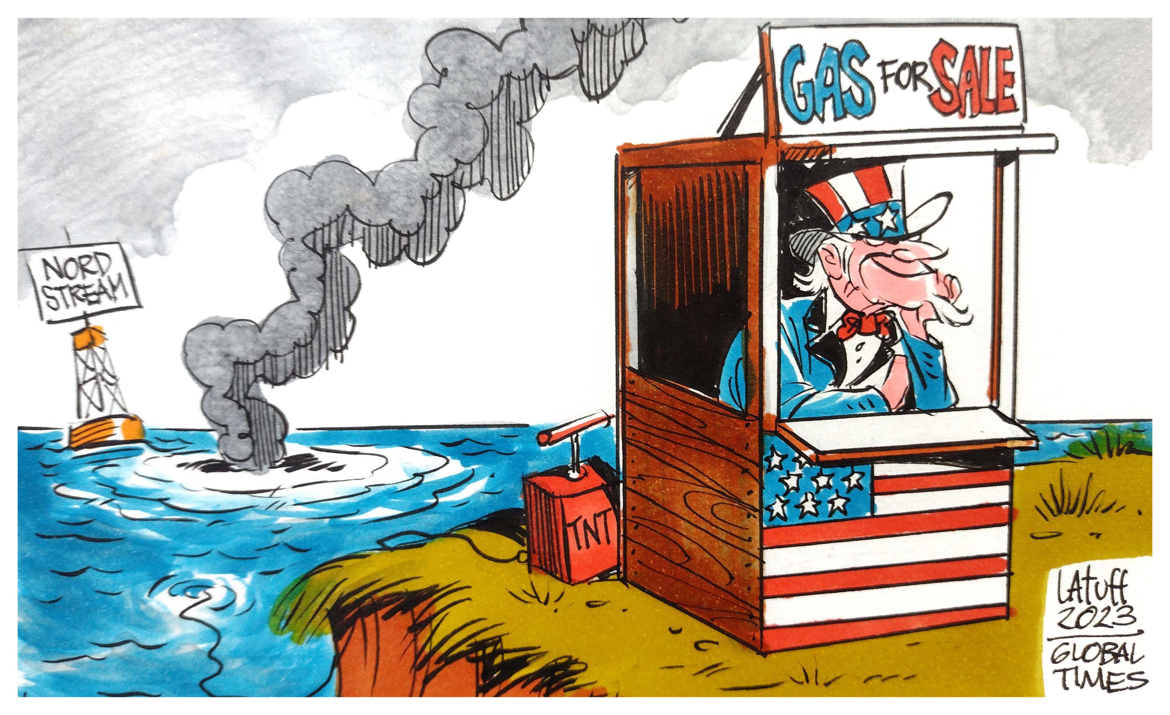 US has huge profits to gain from Nord Stream sabotage. Cartoon: Carlos Latuff