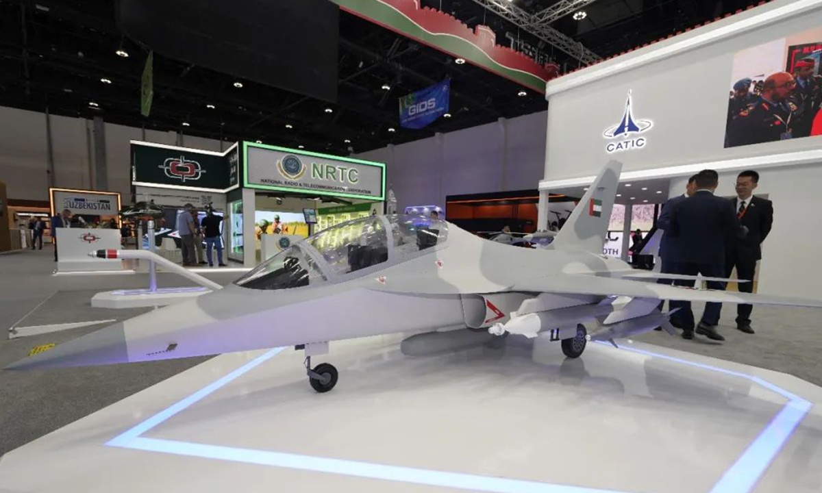 Scale model of a Chinese L15 advanced combat trainer aircraft is on display at IDEX 23 held in Abu Dhabi, the UAE from February 20 to 24, 2023. Photo: Courtesy of Aviation Industry Corporation of China
