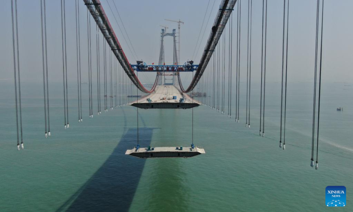 This aerial photo taken on Feb 22, 2023 shows the construction site of Lingdingyang bridge in south China's Guangdong Province.The bridge is a key part of the Shenzhen-Zhongshan highway. Photo:Xinhua