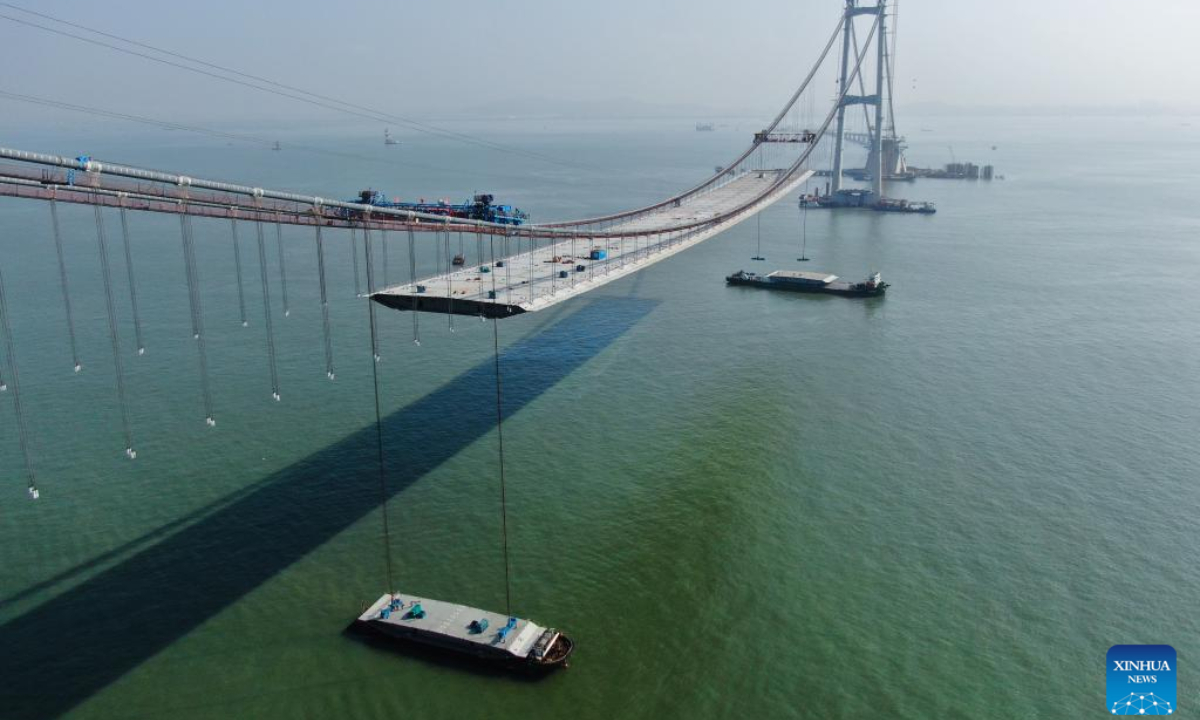 This aerial photo taken on Feb 22, 2023 shows the construction site of Lingdingyang bridge in south China's Guangdong Province. The bridge is a key part of the Shenzhen-Zhongshan highway. Photo:Xinhua