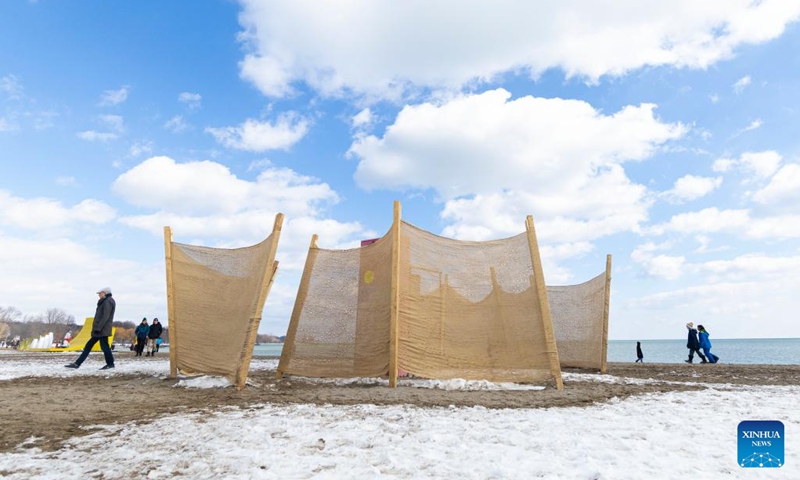 The art installation Winter-net is seen at the public exhibition of the 2023 Winter Stations International Design Competition in Toronto, Canada, on Feb. 26, 2023.(Photo: Xinhua)