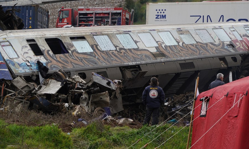This photo taken on March 1, 2023 shows the site of a collision of two trains at Tempi municipality, Greece.(Photo: Xinhua)