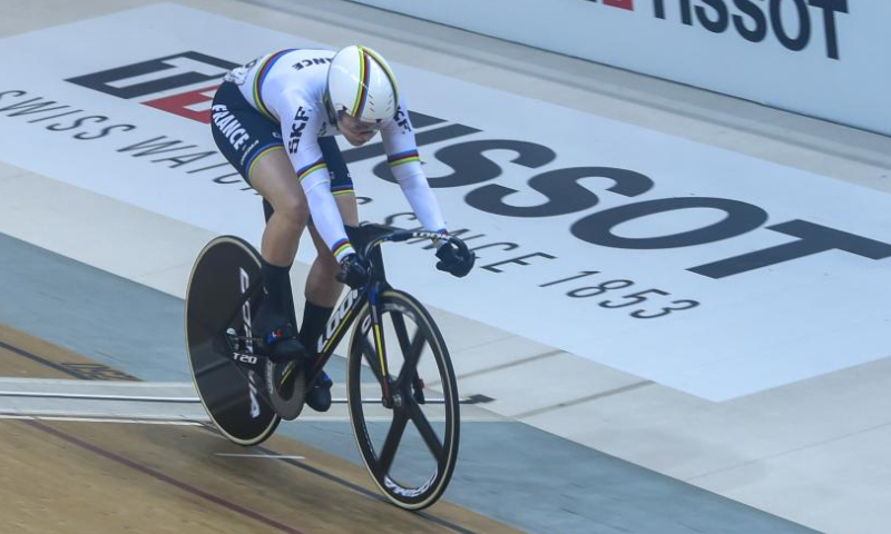 Mathilde Gros of France competes during the women's sprint final at the 2023 UCI Track Cycling Nations Cup at the Velodrom in Jakarta, Indonesia, Feb. 25, 2023. (Xinhua/Zulkarnain)