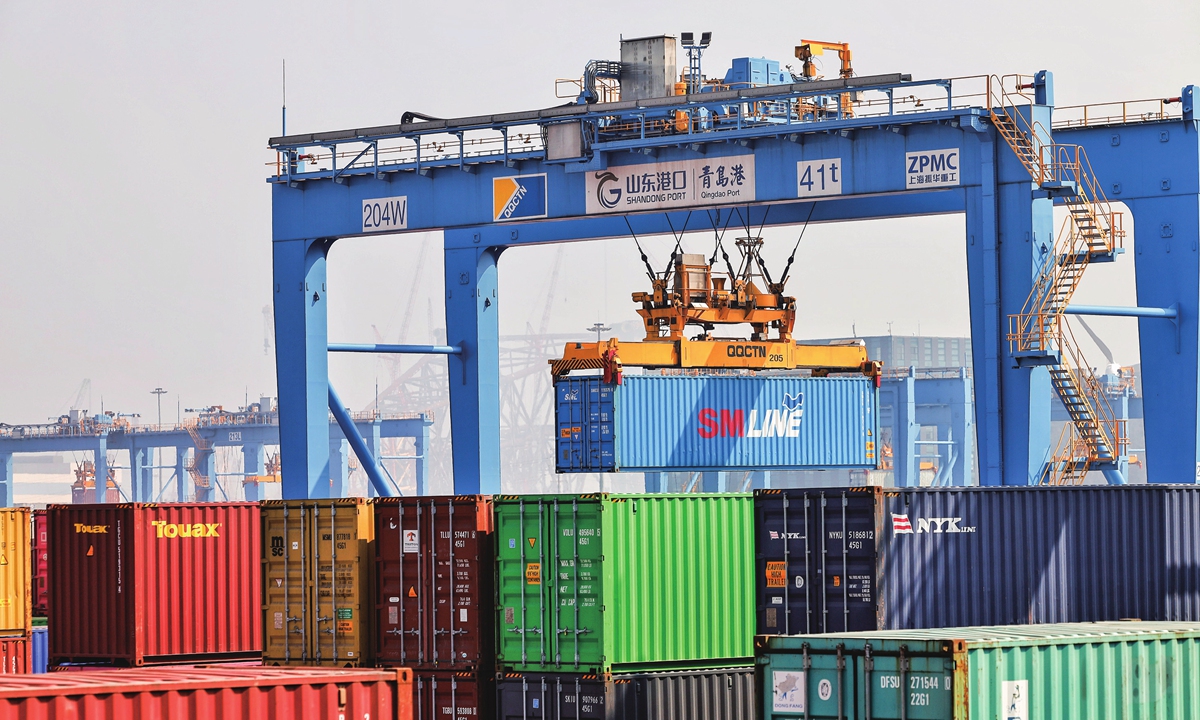 A view of a fully automated container dock in Qingdao port, East China's Shandong Province on February 28, 2023. The operating efficiency of the smart port has been improved by 30 percent compared with traditional ports, with a world throughput record of 60.18 standard containers an hour. Photo: Li Hao/GT