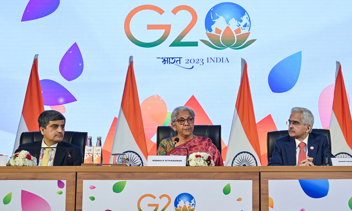 India's Finance Minister Nirmala Sitaraman (Central) addresses a press conference after the G20 Finance meetings under India's G20 Presidency in Bengaluru on February 25. 
Photo:AFP