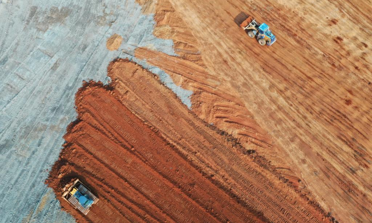 This aerial photo taken on March 2, 2023 shows bulldozers and excavators working to build high-standard farmlands in Pucheng County, southeast China's Fujian Province. A new round of high-standard farmlands building is underway in Pucheng County in preparation of spring ploughing. Photo:Xinhua