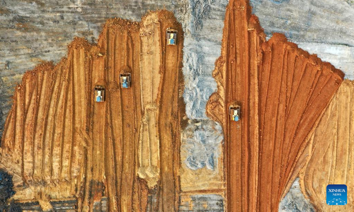 This aerial photo taken on March 2, 2023 shows bulldozers working to build high-standard farmlands in Pucheng County, southeast China's Fujian Province. A new round of high-standard farmlands building is underway in Pucheng County in preparation of spring ploughing. Photo:Xinhua