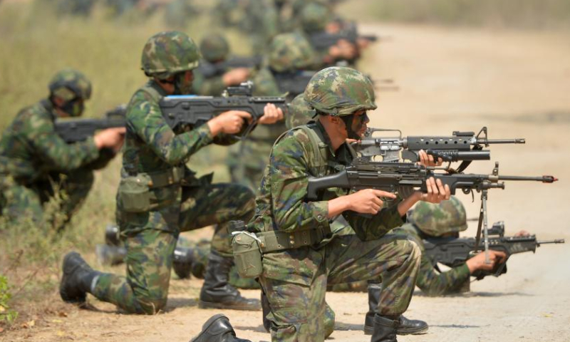 Military personnel participate in amphibious exercise during the multinational exercise Cobra Gold 2023 in Chonburi province, Thailand, March 3, 2023. The Cobra Gold 2023 exercise, with the core exercises including command post exercise, humanitarian civic assistance, and field training exercise, will last until March 10. (Photo by Rachen Sageamsak/Xinhua)