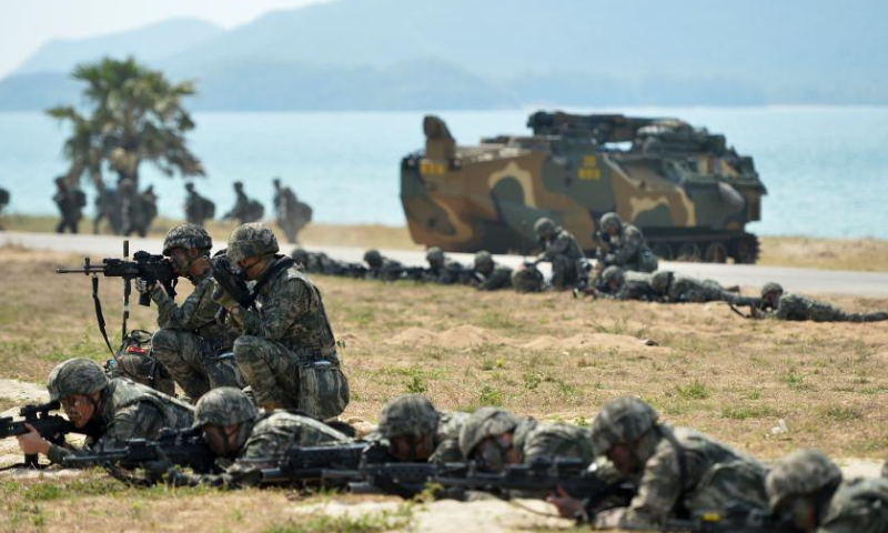 Military personnel participate in amphibious exercise during the multinational exercise Cobra Gold 2023 in Chonburi province, Thailand, March 3, 2023. The Cobra Gold 2023 exercise, with the core exercises including command post exercise, humanitarian civic assistance, and field training exercise, will last until March 10. (Photo by Rachen Sageamsak/Xinhua)