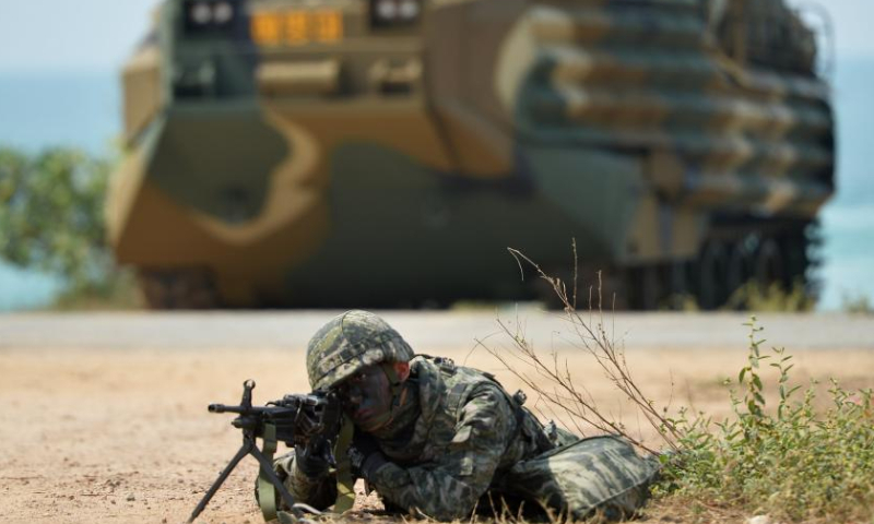 Military personnel participate in amphibious exercise during the multinational exercise Cobra Gold 2023 in Chonburi province, Thailand, March 3, 2023. The Cobra Gold 2023 exercise, with the core exercises including command post exercise, humanitarian civic assistance, and field training exercise, will last until March 10. (Photo by Rachen Sageamsak/Xinhua)