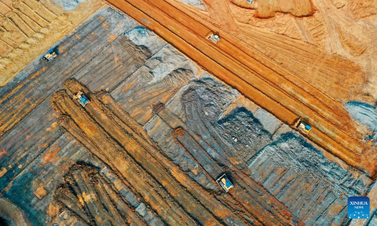 This aerial photo taken on March 2, 2023 shows bulldozers working to build high-standard farmlands in Pucheng County, southeast China's Fujian Province. A new round of high-standard farmlands building is underway in Pucheng County in preparation of spring ploughing. Photo:Xinhua