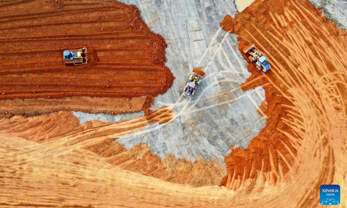 This aerial photo taken on March 2, 2023 shows bulldozers and excavators working to build high-standard farmlands in Pucheng County, southeast China's Fujian Province. A new round of high-standard farmlands building is underway in Pucheng County in preparation of spring ploughing. Photo:Xinhua