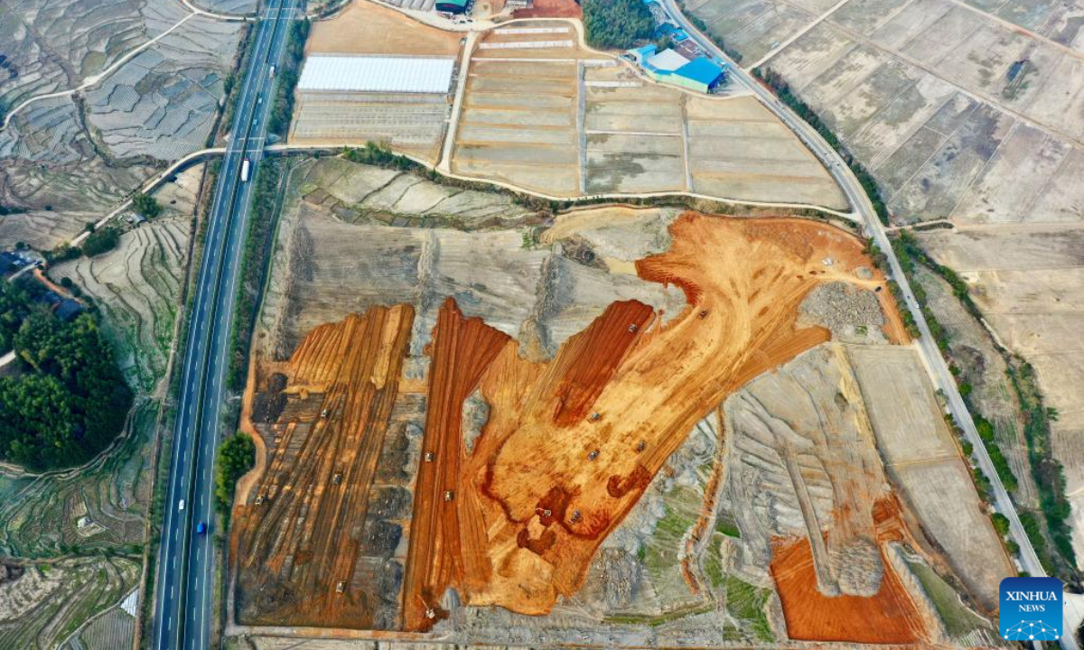 This aerial photo taken on March 2, 2023 shows bulldozers working to build high-standard farmlands in Pucheng County, southeast China's Fujian Province. A new round of high-standard farmlands building is underway in Pucheng County in preparation of spring ploughing. Photo:Xinhua