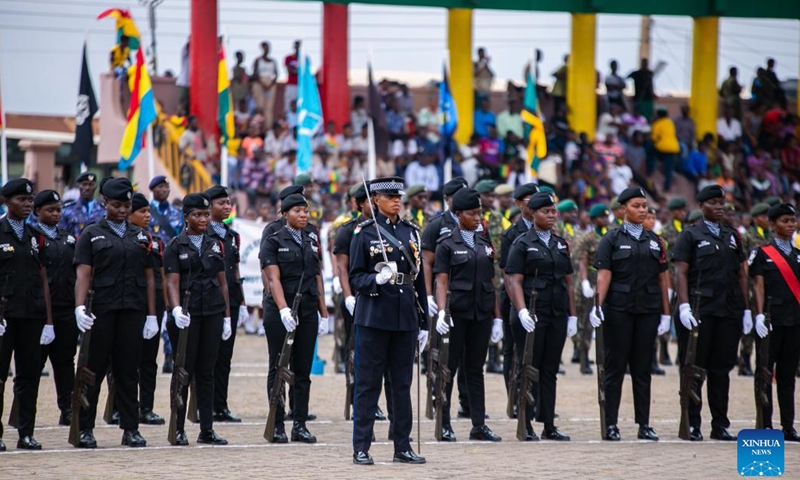 Security personnel of the Ghana Police Service take part in a parade during the Independence Day celebrations in Kumasi, Ghana, on March 6, 2023. Ghana celebrated its Independence Day on Monday.(Photo: Xinhua)
