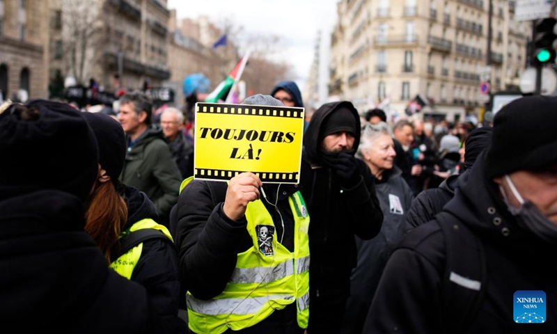 People participate in a demonstration against the government's pension reform plan in Paris, France, on March 7, 2023. Some 1.28 million people protested across France on Tuesday against the government's pension reform plan, the French Ministry of the Interior said.(Photo: Xinhua)
