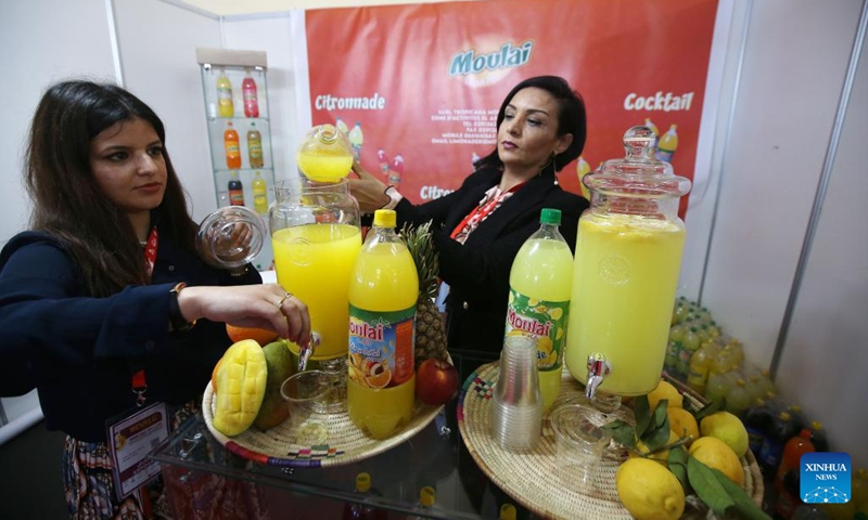 Exhibitors work at the International Fair for the Beverage and Liquid Food Industry (BEVALG) in Algiers, Algeria, on March 6, 2023. This fair is held in Algiers from March 6 to March 9.(Photo: Xinhua)