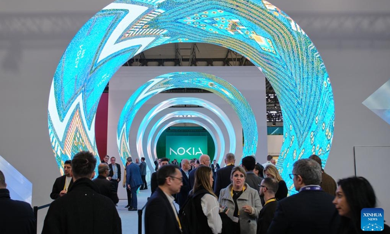 The booth of Nokia is pictured at the 2023 Mobile World Congress (MWC) in Bacelona, Spain, Feb. 28, 2023. From foldable phones to rollable screens, the latest technological innovations in the mobile communication industry are on display at the 2023 Mobile World Congress (MWC), which runs here from Feb. 27 to March 2.(Photo: Xinhua)