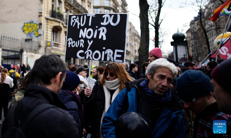People participate in a demonstration against the government's pension reform plan in Paris, France, on March 7, 2023. Some 1.28 million people protested across France on Tuesday against the government's pension reform plan, the French Ministry of the Interior said.(Photo: Xinhua)